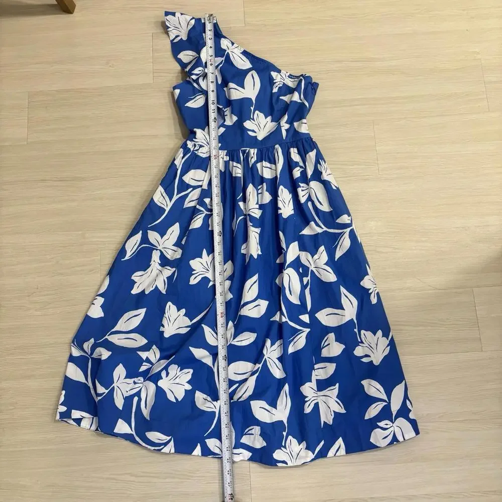 NWT J. Crew One Shoulder Ruffle Midi Dress Blue/White Floral Size 4 Beach Resort
